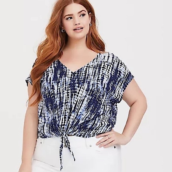 Torrid Tie Dye Peasant Blouse, Blue & White V-Neck, Challis Top …Boho Hippie - Picture 1 of 6